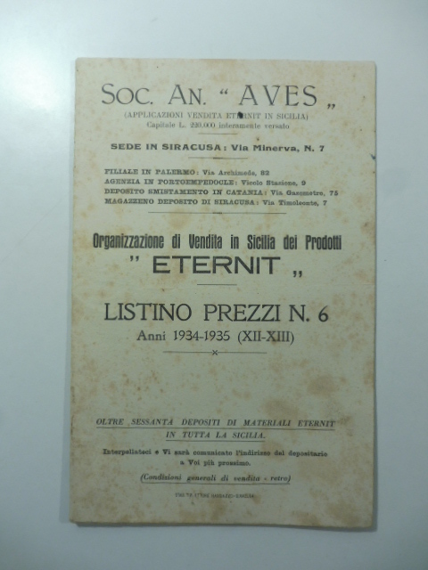 Soc. An. Aves. Organizzazione di vendita in Sicilia dei prodotti Eternit. Listino prezzi n. 6. Anni 1934-1935